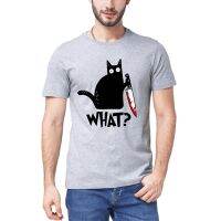 Cat What T Shirt Murderous Cat With Knife Funny Halloween Neck Summer Mens 100% cotton short sleeves T-Shirt Humor Gift Top tee