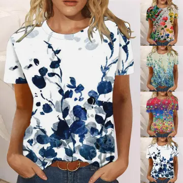 Women's Tie-dye Printed T-shirt Leaf Graphic Round Neck Blouses Loose  Fitted Tees Shirts Summer Short Sleeve Top 