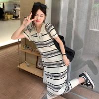 Beautiful Online Womens Striped Knitted Skirt Polo Neck Short Sleeve Dress Casual Long Dress Slim Fit