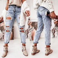 [COD] cross-border 2021 autumn new casual temperament denim trousers ripped high waist womens jeans