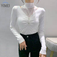 YIMEI เสื้อซับในคอปกสูง2023ฤดูใบไม้ร่วง/ฤดูหนาวสไตล์ใหม่แขวนคอเสื้อคอตตอนสีขาวมีจีบแขนยาว