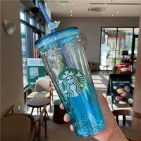 Startbuck ขาตั้งกล้อง Starbuck Straw Starbuck ความจุมากเกาหลีแก้วแบบมีหลอดแก้วสองชั้นลายหมีกาแฟดอกเชอร์รี่สีชมพูเลื่อมฝาครอบสีเขียวเทพธิดา