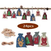 24PCS Set Christmas Advent Calendar Countdown Candy Bag Drawstring Bundle Pocket DIY Felt Sticker With Clip Xmas New Year Gift