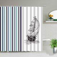 แล่นเรือใบ Navigation Stripe Bath Curtain มือวาดคลื่นภูมิทัศน์ห้องอาบน้ำหน้าจอผ้ากันน้ำม่านอาบน้ำ 180 * 180 ซม