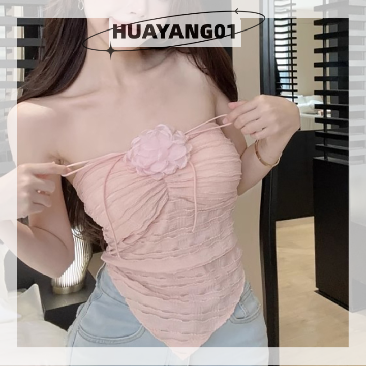 huayang01-2023แฟชั่นสุดฮอตสำหรับผู้หญิง-เสื้อสายเดี่ยวคล้องคอลายดอกไม้สุดฮอตเสื้อกล้ามอกสีทึบแขนกุดทรงสลิมแหวกแนวสำหรับฤดูร้อน