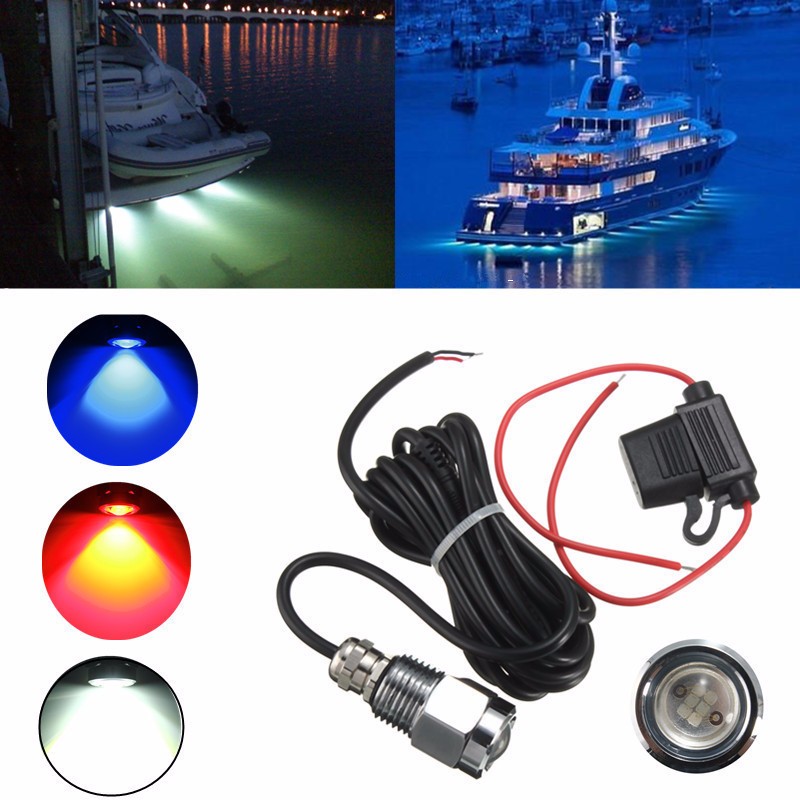 Blue 6LED 1/2" 9W NPT Underwater Boat Drain Plug Light & Waterproof Connector 