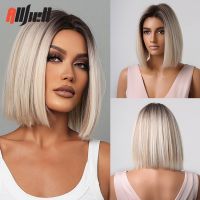 【jw】™▫  Blonde Ombre Synthetic Wigs Short Straight Bob for Middle Part Hair Resistant