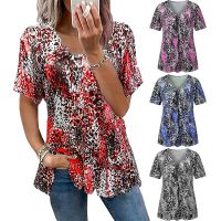 2023 summer fashionable blouse digital print leopard print blouse chest pleated V neck short sleeve casual T-shirt women