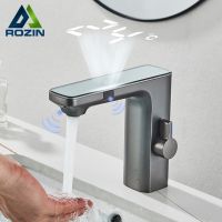 Touchless Sensor Basin Faucet Brass Smart Digital Display Bathroom Sink Faucet Grey Sense Hot Cold Water Mixer Tap Battery Power