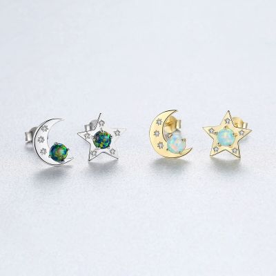 New XSLJIAMEI S925 Silverware Stud Inset Opal O Po Earrings Fashion Moon Star Stud Womens Fine Jewelry GiftTH