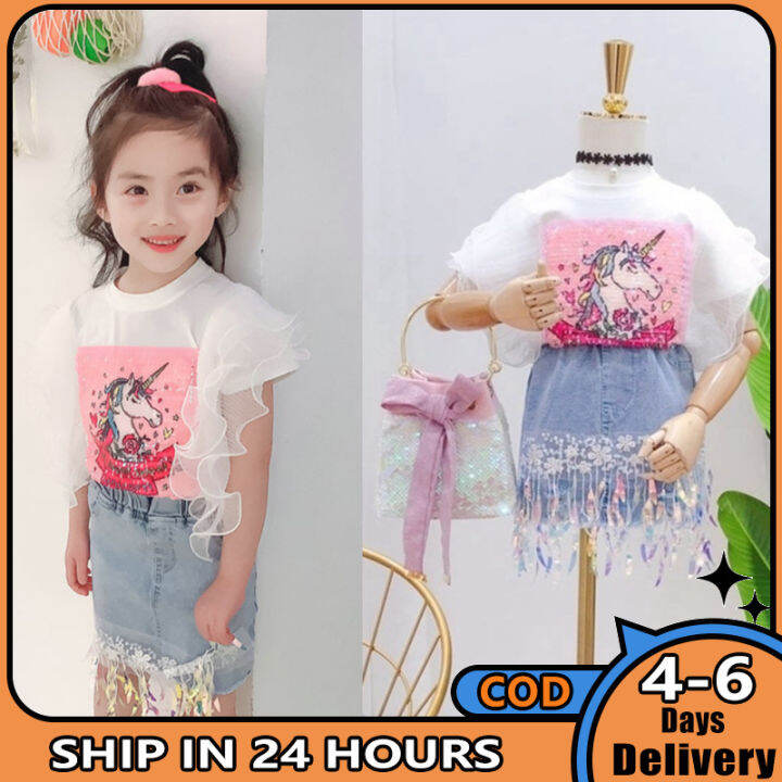 ซื้อ1แถม1ของขวัญฟรี-ชุดสูทเด็กผู้หญิง2ชิ้น-เซ็ตเสื้อท่อนบนลายลูกไม้ลายสัตว์-กระโปรงยีนส์ปักเลื่อมสำหรับเด็กอายุ3-8ขวบ