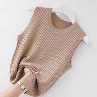 Casual Camisole ผู้หญิงฤดูร้อนด้านในผ้าไหมน้ำแข็ง Bottoming O-Neck สั้นถักเสื้อกันหนาวบาง Slim ผู้หญิง2022 NEW