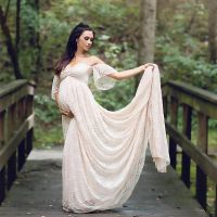 Ladies Lace Maternity Dresses For Photo Shoot Pregnant Sweep Train Female Photography Props Maxi Gown Pregnancy Shower Dress