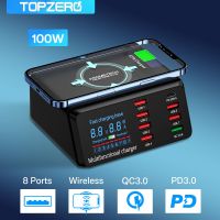 TOPZERO ที่ชาร์จเร็ว100W 8พอร์ต,เครื่องชาร์จอัจฉริยะมัลติฟังก์ชันชาร์จไร้สาย3.0 18W PD Type C หน้าจอ LED อัจฉริยะชาร์จเร็วสำหรับเดินทาง