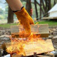 Outdoor BBQ barbecue heat insulation and flame retardant gloves thickened cowhide high temperature resistant welding leather cover wear-resistant camping protective Outdoor camping