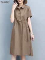 【CC】 Lapel Neck Short Sleeve Shirt ZANZEA Office Sundress Robe Knee-length Vestido