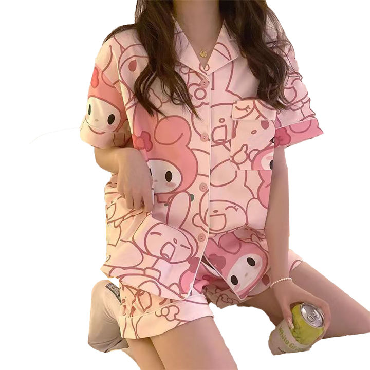 ชุดนอนแขนสั้นสำหรับผู้หญิงชุดนอนฤดูร้อนกระต่ายสีชมพูเป็นมิตรกับผิวสำหรับเดินทาง