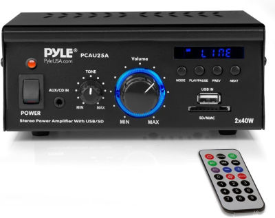 Home Audio Power Amplifier System - 2x40W Dual Channel Mini Theater Power Stereo Sound Receiver Box w/ USB, RCA, AUX, LED, Remote, 12V Adapter - For Speaker, iPhone, Studio Use - Pyle PCAU25A