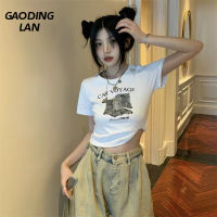 Gaodinglan ผู้หญิง Streetwear Cat พิมพ์เสื้อแขนสั้น Harajuku สุภาพสตรีผ้าฝ้ายเสื้อยืดขนาดใหญ่สั้นเซ็กซี่ Tee เสื้อ