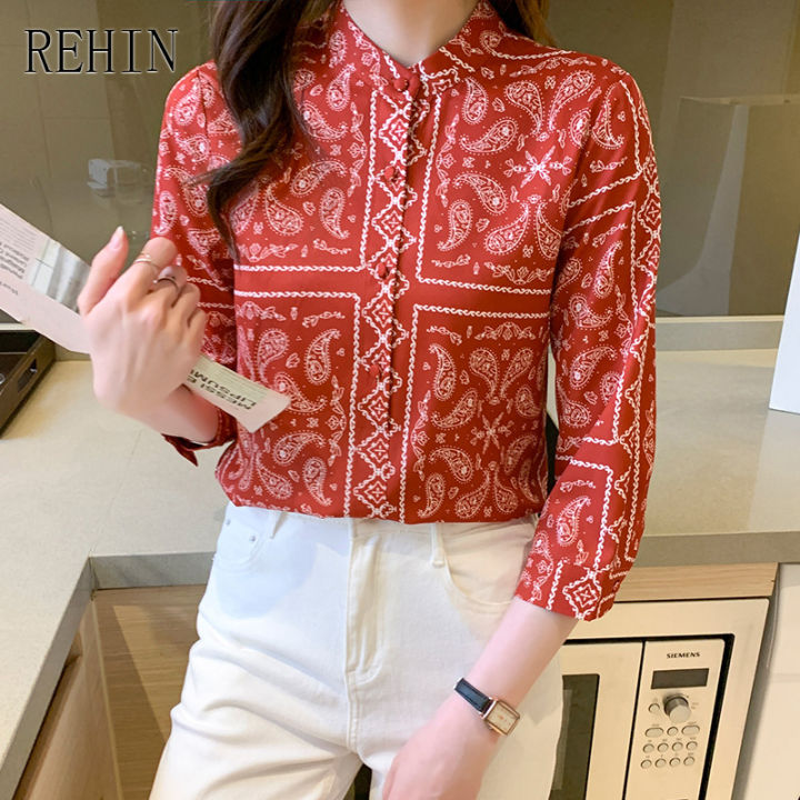 rehin-women-s-top-french-red-round-neck-3-4-sleeve-printed-long-sleeve-shirt-autumn-new-blouse