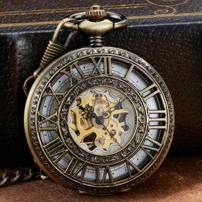 นาฬิกาพกโครงแบบเครื่องกล Steampunk สำหรับผู้ชายผู้หญิงสร้อยคอหรูหราแบบโบราณและนาฬิกาสายโซ่นาฬิกาชายหญิง