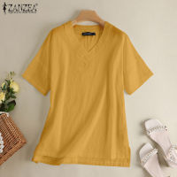 MOMONACO ZANZEA Muslimah ผู้หญิงมุสลิมฤดูร้อนแขนสั้นลำลอง Baggy V คอเสื้อ Tee Solid Tops เสื้อ #2