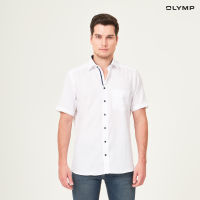 OLYMP LUXOR Shirt เสื้อเชิ้ตชาย แขนสั้นสีขาว ผ้าเท็กเจอร์ แต่งสาบเสื้อ ทรงหลวม ใส่สบาย รีดง่าย