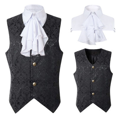 บุรุษสีดำวิคตอเรียสูทเสื้อกั๊ก Steampunk โกธิคผ้าเสื้อกั๊กผู้ชายเรเนซองส์เครื่องแต่งกายพรรคฮาโลวีนเสื้อกับ Jabot ผูก