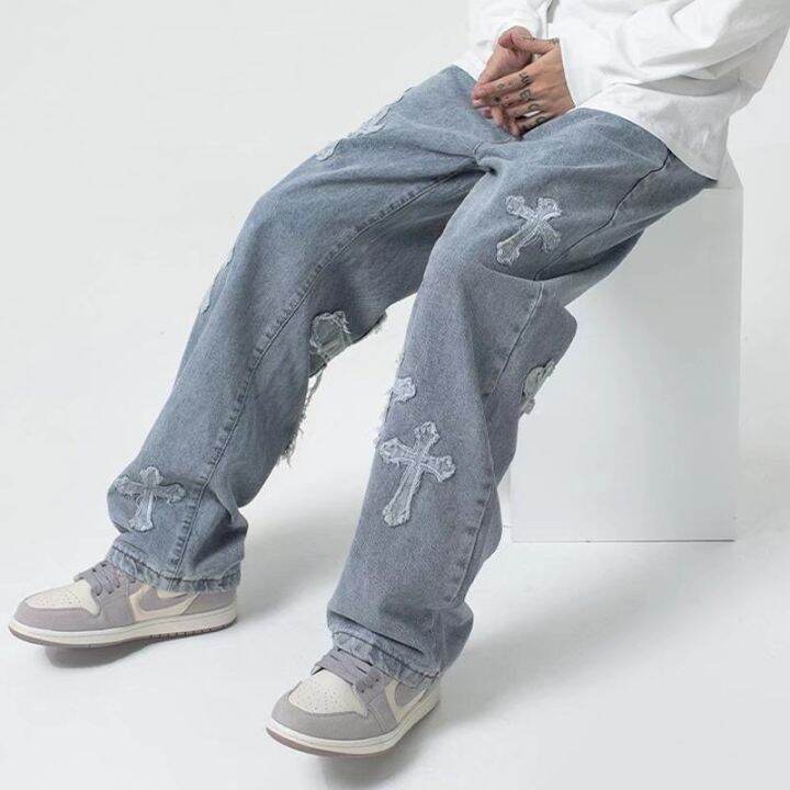 Y2K ผู้ชายเกาหลีแฟชั่น Streetwear Hip Hop Low Rise Baggy กางเกงยีนส์กางเกง Cross Mens Denim