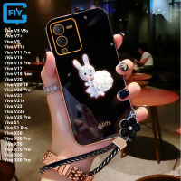 สำหรับ Vivo V27 Pro V27e V25 Pro V23e V5 V5s V7 + V9 V11i V11 Pro V15 Pro V17 V19 Neo V20 SE V20 Pro V21 V21e V23 S1 Pro X50 Pro X70 Pro X80 Pro เคสโทรศัพท์กระต่ายน่ารักดอกไม้เชือกสั้น