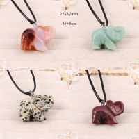 Fashion Elephant Sculpture Opal Crystal Agate Natural Stone Spirit Gem Pendant Leather Rope Necklace Jewelry Gift