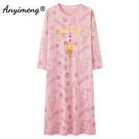 Long Dressing  Autumn Winter New Arrival Pink Hearts Printing Chic Ins Kintted Cotton Sleepwear Big Size Womens Night Gown