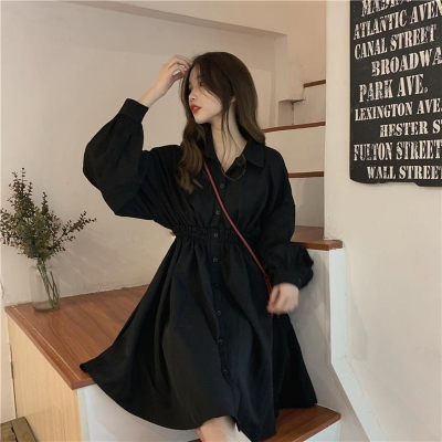 QWEEK Shirt Dress Women Korean Style Polo Collar Black Long Sleeve Wrap Mini Dress Casual Solid Kpop Clothes Woman 2021