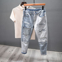 【CW】Streetwear Designer Men Ripped Jeans Personality Patchwork Pocket Korean Ripped Hole Stitching Denim Trousers Male Hip Hop