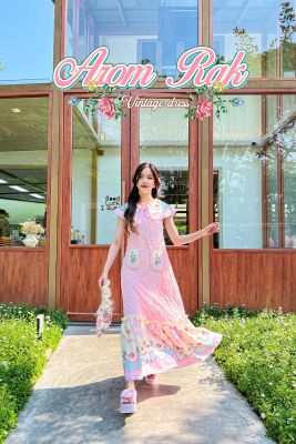 Aom Rak Vintage dress เดรสพิมพ์ลายเเต่งผ้าลูกไม้สีชมพูอ่อนชุดนี้ใส่สบายดีไซน์น่ารักมากดูดีสุดๆ