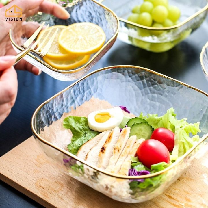 Square Glass Salad Bowl,Nordic Golden Border Salad Bowl Transparent Glass  Foods Mixing Bowl Fruit Vegetable Bowl Dessert Round Square Bowl