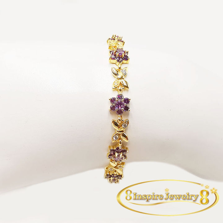 inspire-jewelry-สร้อยข้อมือ-พลอยsaphire-ม่วง-ประดับเพชรcz-รูปดอกไม้-และดาว-ตัวเรือนหุ้มทองแท้-24k-พร้อมกล่องทอง-งาน-design-งานจิวเวลลี่หรู-ขนาด-18cm