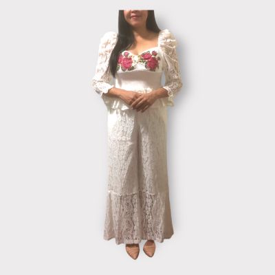 P007-081 PIMNADACLOSET - Square Neck Long Puff Sleeve Smocked Corded Lace Top And Long Side Pockets Flere Pants Set