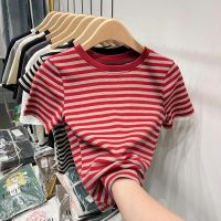 COD dsdgfhgfsdsss Retro Striped Short-Sleeved T-Shirt Womens Summer Contrast Color Round Neck Short Style Authentic Shou