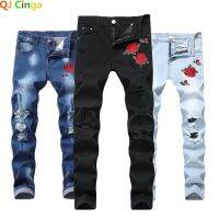 【YD】 Embroidered Jeans for Mens Stretch Pants Men Fashion Pantalon Hole Decoration Male Slacks 28-42