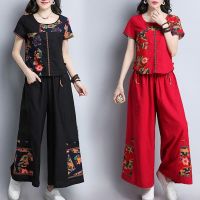 COD DSGERTRYTYIIO M-4XL Plus Size Womens Clothing Cheongsam Suit CNY New Year Clothes Chinese Style Summer Vintage Ethnic Loose Casual Short Sleeve Top Wide Leg Pants Cotton Linen Two-Piece