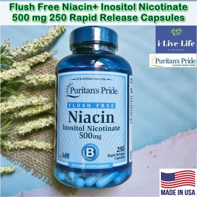 ไนอะซิน วิตามินบี 3 Flush Free Niacin+ Inositol Nicotinate 500 mg 250 Rapid Release Capsules - Puritans Pride B-3