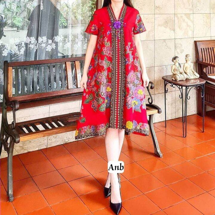 Contoh DRESS BATIK CANTIK ELEGAN model TUNIK LENGAN PENDEK KEKINIAN
