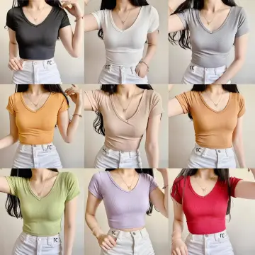 Women Basics Slim Fitted Round Neck Crop Top Shirt White