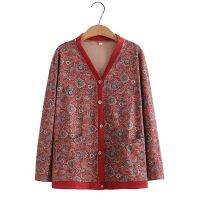 【มีไซส์ใหญ่】Plus Size 2XL-8XL Womens V-neck Button Up Spring Autumn Cardigans Cute Floral Printed Female Outerwear with Pockets