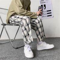 QWEEK Plaid Pants Men Womens Home Clothes Linens Korean Checked Trousers Male Sleep Bottoms Summer Wide Leg Harajuku