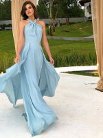 Elegant Party Dress ผู้หญิงเซ็กซี่ Backless Halter หลวมหญิง Maxi เดรส2023แขนกุด Scallop Hem Club Evening Lady Robe