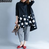 DIMANAF Women Blouse Shirts Long Sleeve Cotton Top Autumn Femme Lady Large Loose Clothing Print Spliced Pleated Plus Size Black