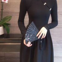 Spot parcel post New Chinese Style Hollow out Stitching Metal Buckle Long-Sleeved Dress Womens Design High-Grade Waist-Tight Slimming Pullover Long Dress