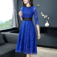 【YF】 Runway Designer Crochet Hollow Out Lace Dress New Autumn Women Fashion Three Quarter Sleeve Slim Waist Casual Party Midi